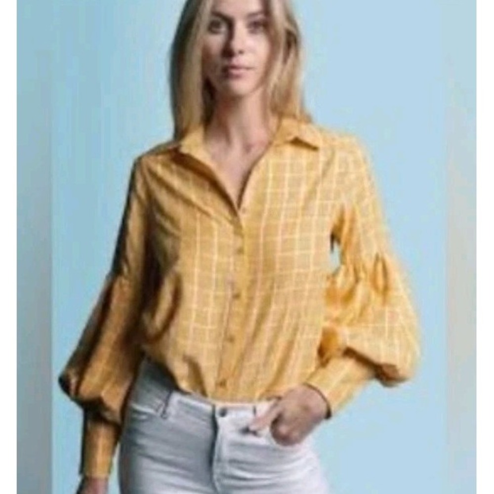 The Shirt by Rochelle Behrens Top Womens Large Button Up Yellow White Check